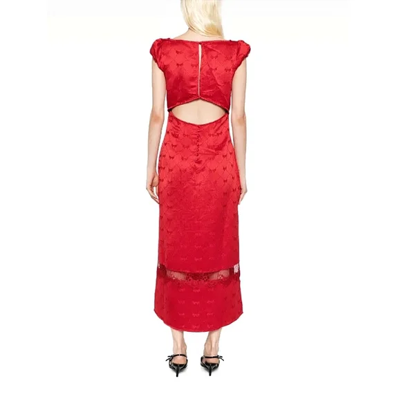 Free People Foolish Heart Bow-Pattern Lace Red Midi Dress - Picture 13 of 13